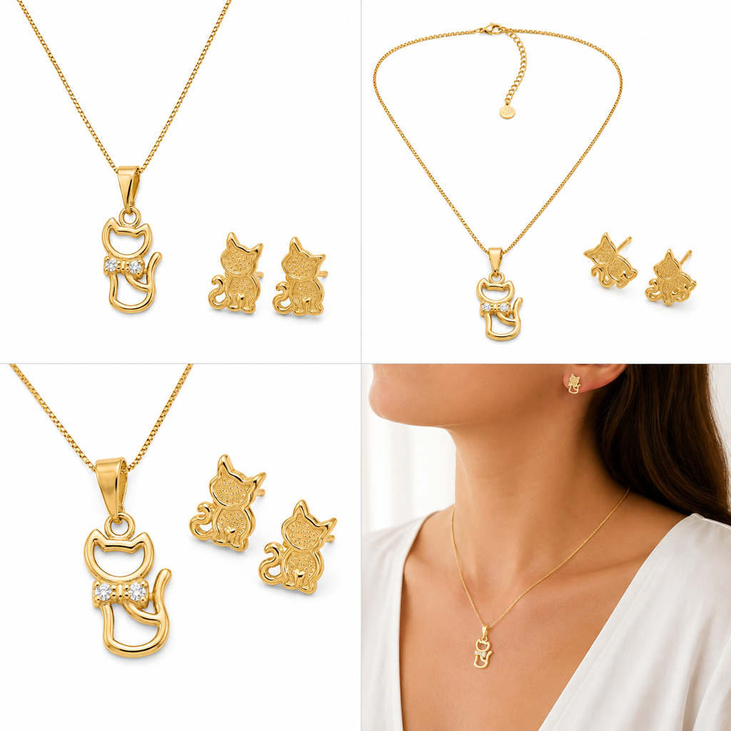 Conjunto Corrente e brinco de Gatinho com Zirconias
