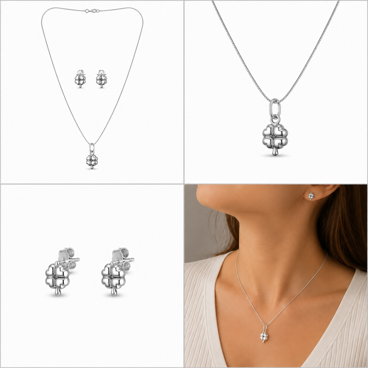 Conjunto Brinco Trevo e Veneziana - Prata 925