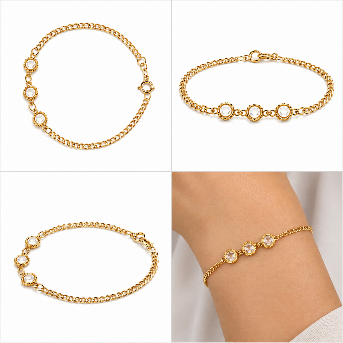 Pulseira Elo Grumet com Trio de Cristais