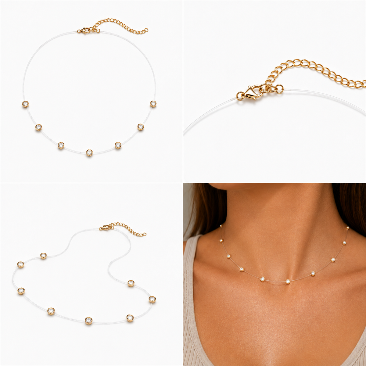 Colar Fio de Nylon com Cristais
