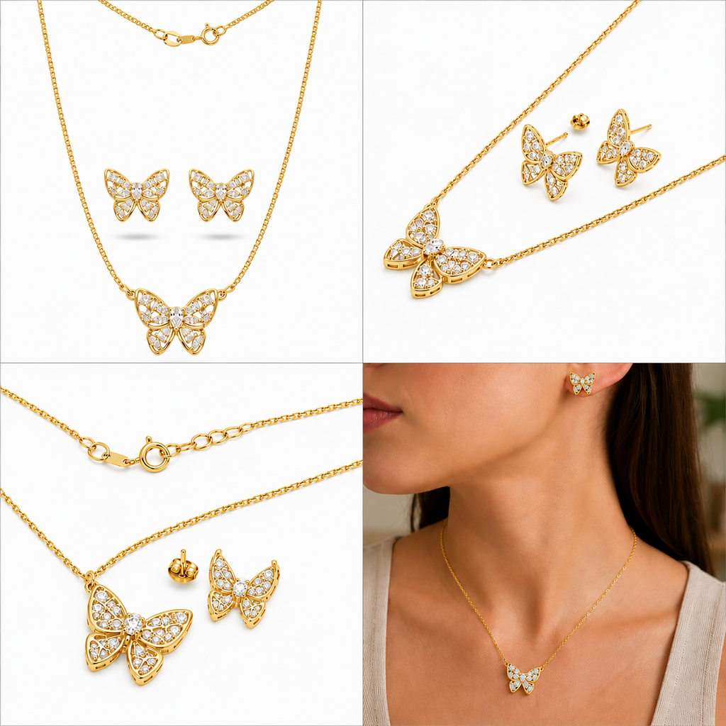 Conjunto Colar e Brincos Borboleta Cravejada