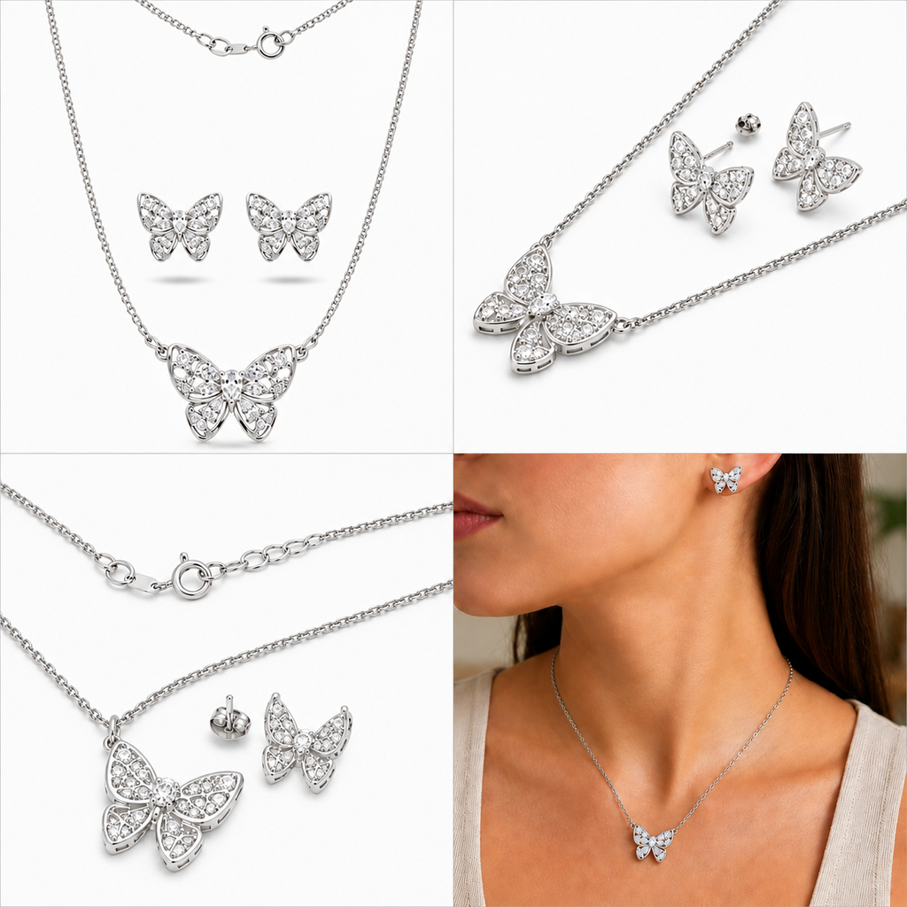 Conjunto Colar e Brincos Borboleta Cravejada
