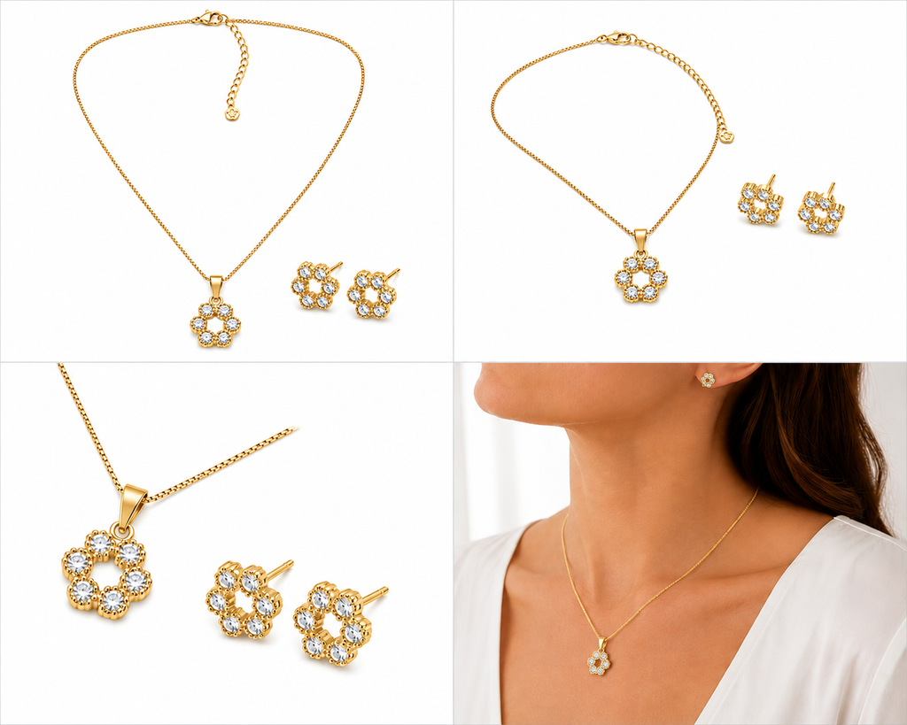 Conjunto Colar e Brinco Flor com Zirconias