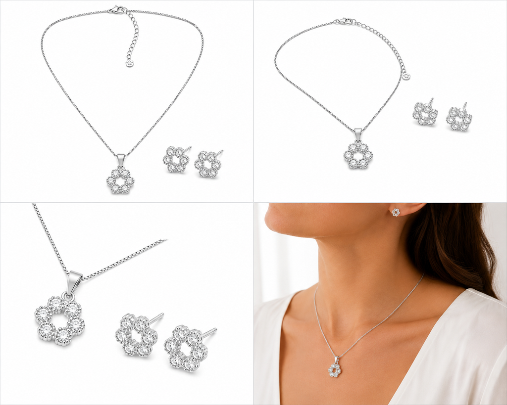 Conjunto Colar e Brinco Flor com Zirconias