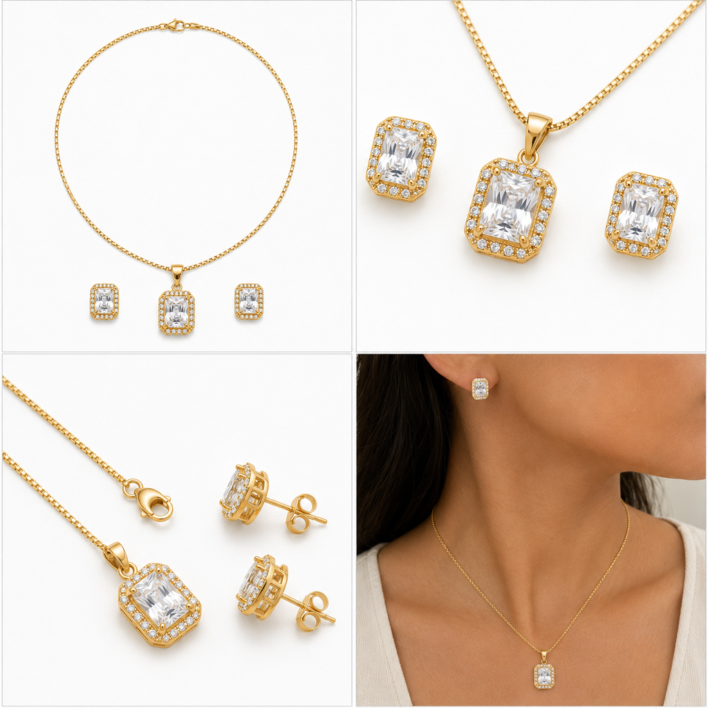 Conjunto com Pingente e Brinco Retangular com Zircônias e Microzircônias