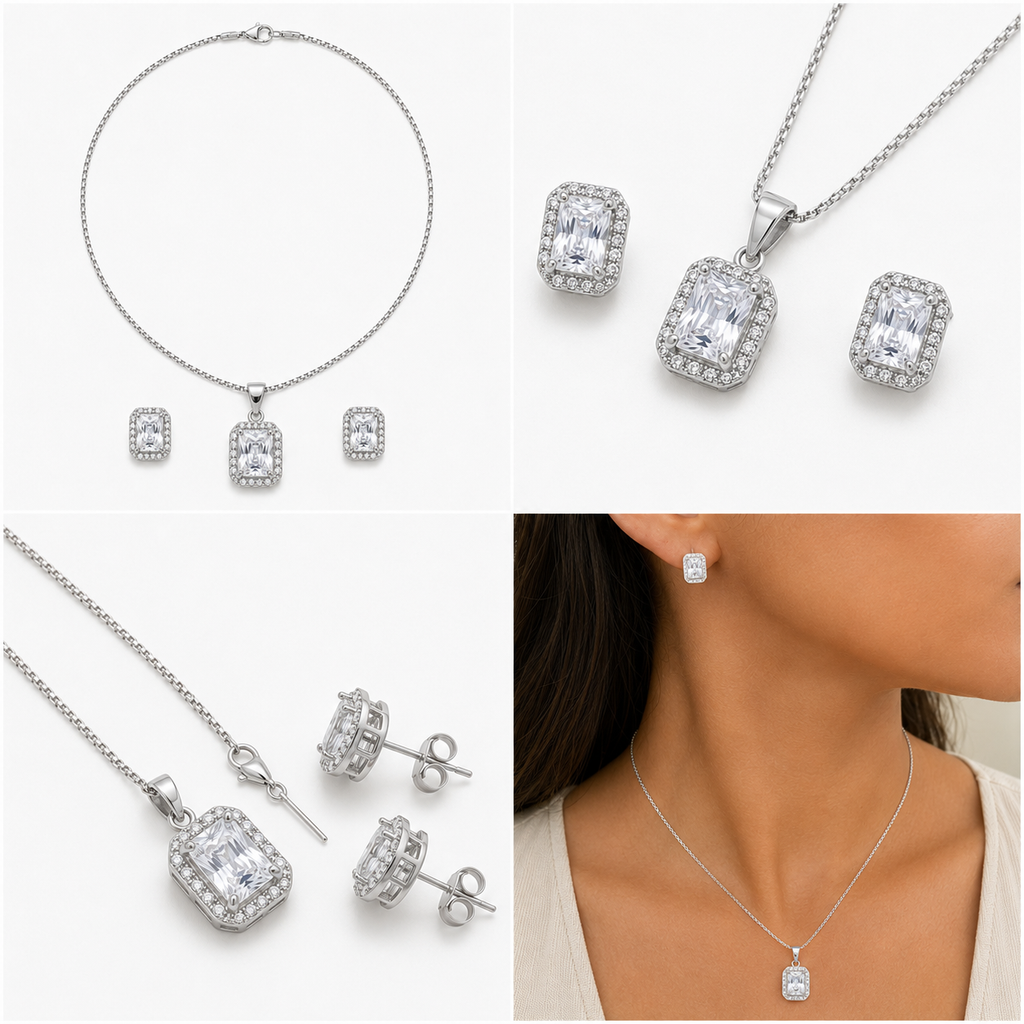 Conjunto com Pingente e Brinco Retangular com Zircônias e Microzircônias