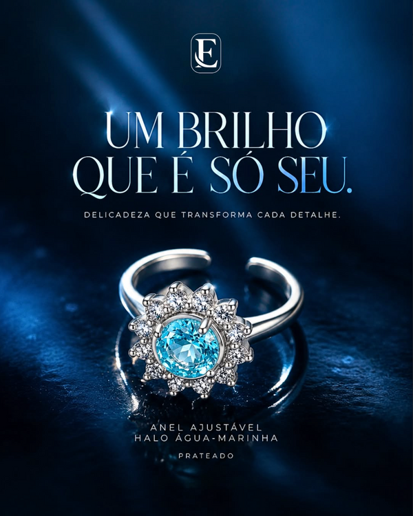 Anel Ajustável Halo Água-Marinha